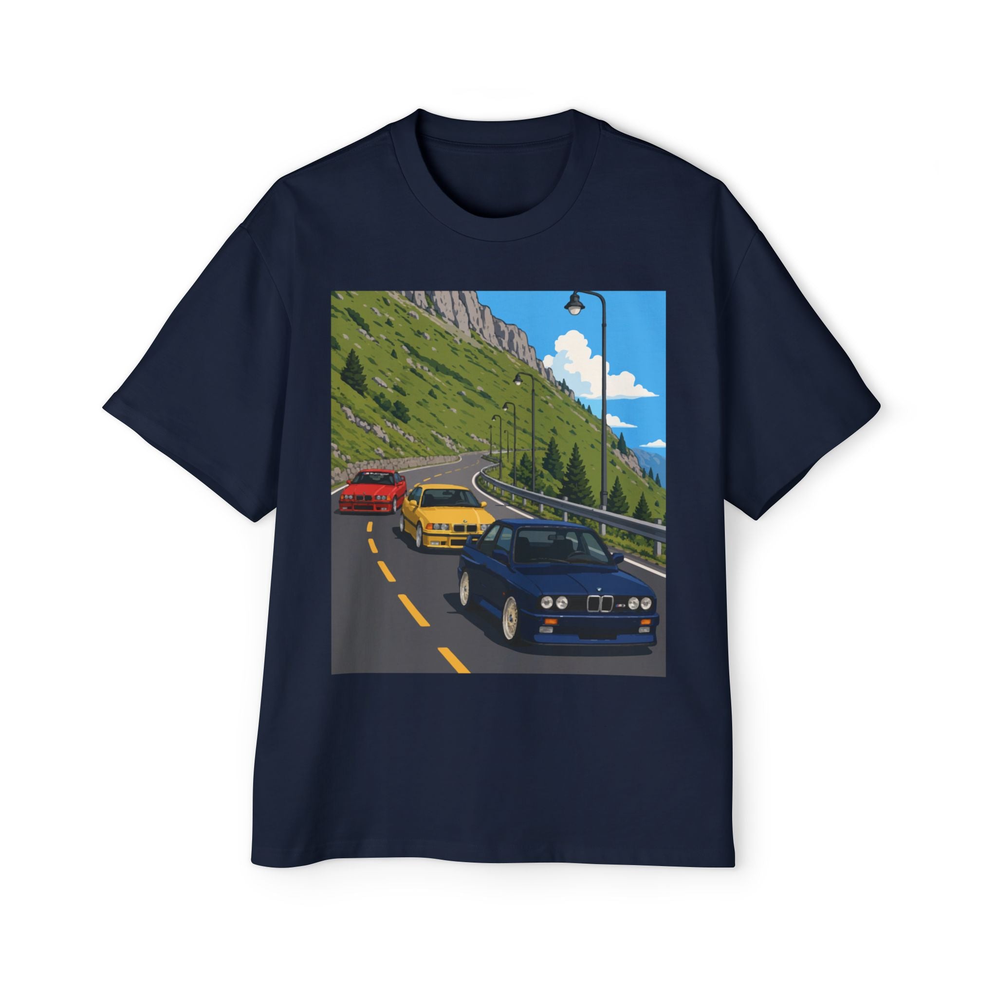 Retro Sports Cars E30 E36 Tee — Mountain Road Driving Graphic T-Shirt