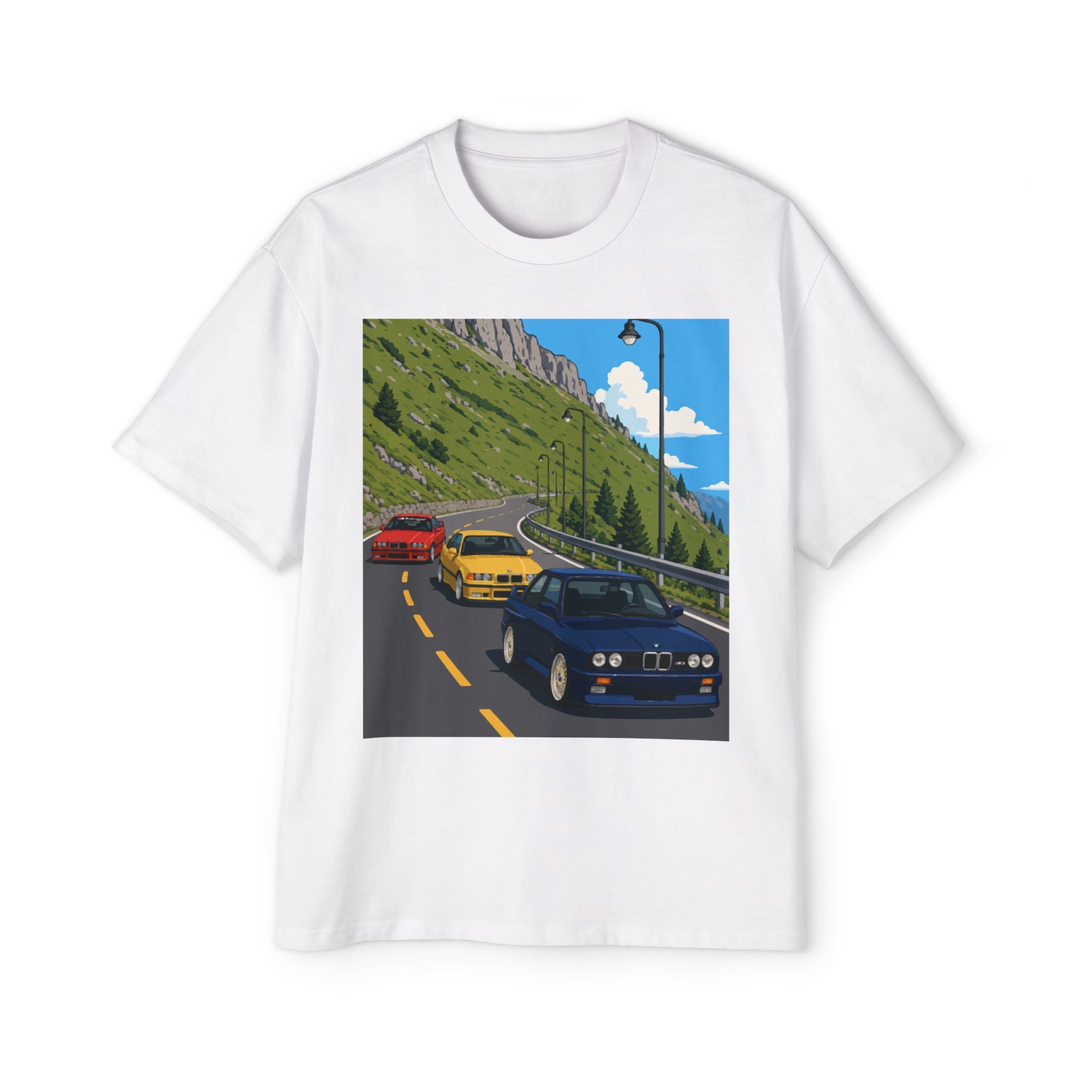 Retro Sports Cars E30 E36 Tee — Mountain Road Driving Graphic T-Shirt