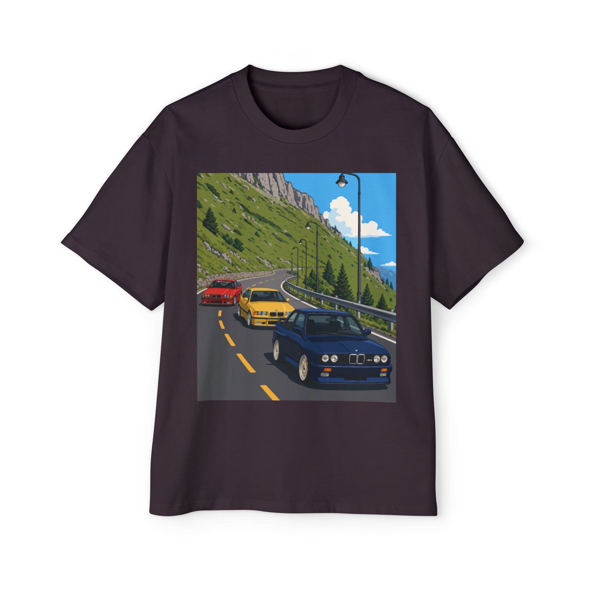Retro Sports Cars E30 E36 Tee — Mountain Road Driving Graphic T-Shirt