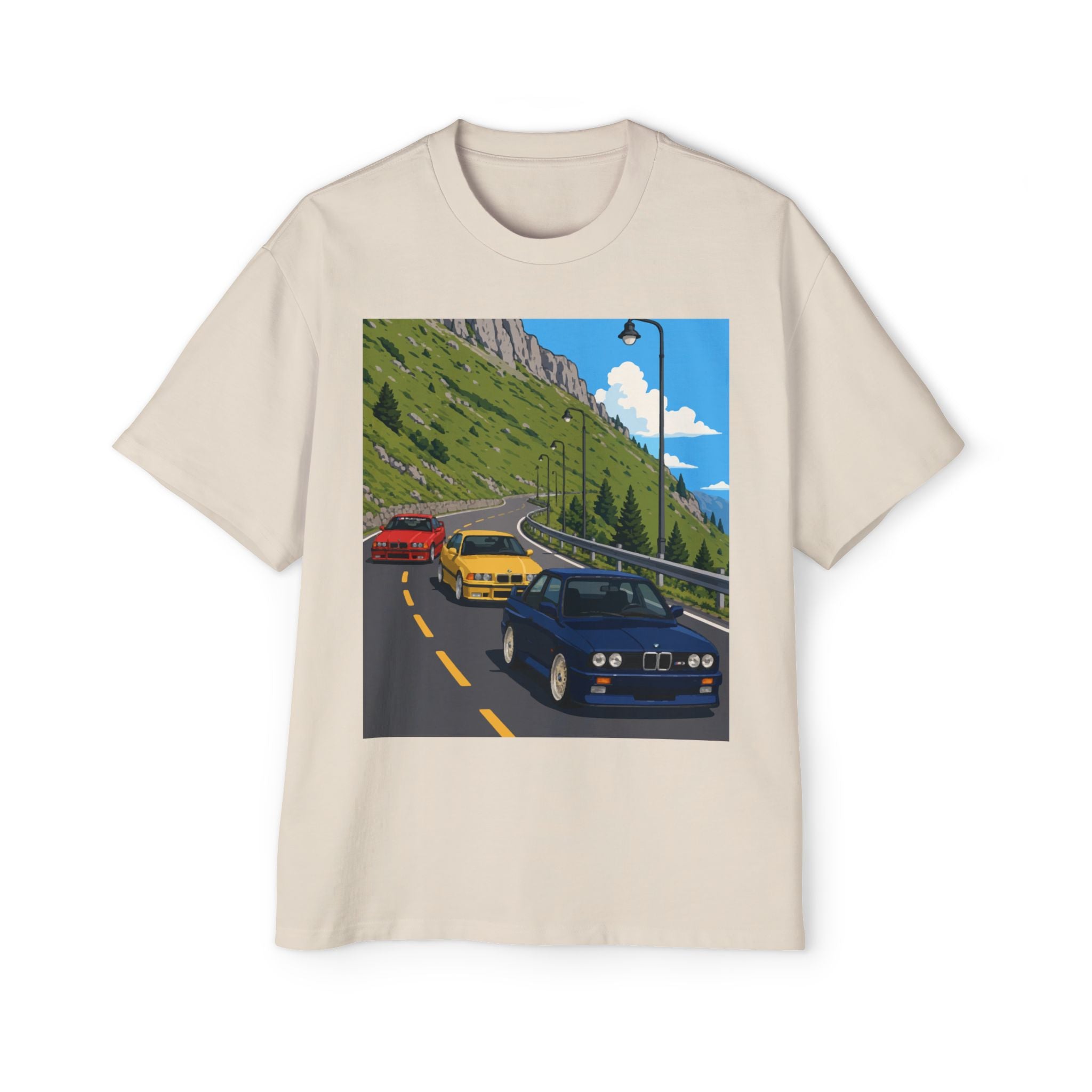 Retro Sports Cars E30 E36 Tee — Mountain Road Driving Graphic T-Shirt