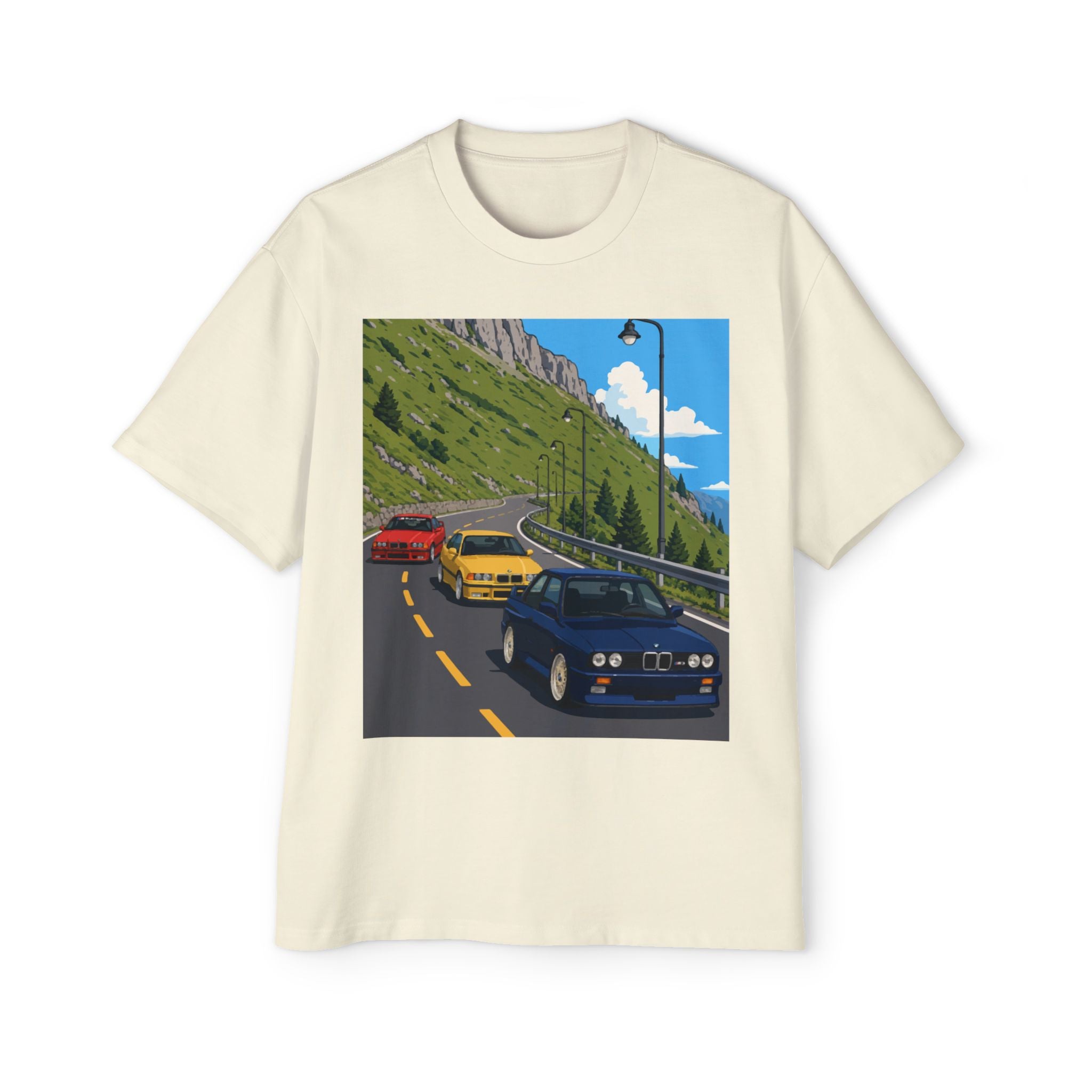 Retro Sports Cars E30 E36 Tee — Mountain Road Driving Graphic T-Shirt